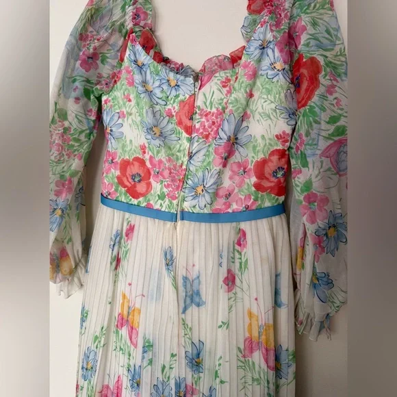 Vintage 1970s Pastel Floral Garden Maxi Dress Sheer Peasant Sleeve Womens Sz Lg - Picture 4 of 15